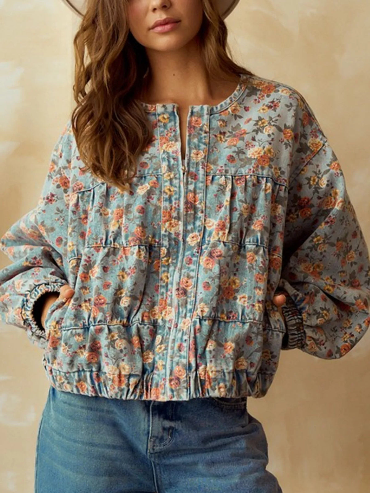 Floral Print Cropped Zip Up Denim Jacket