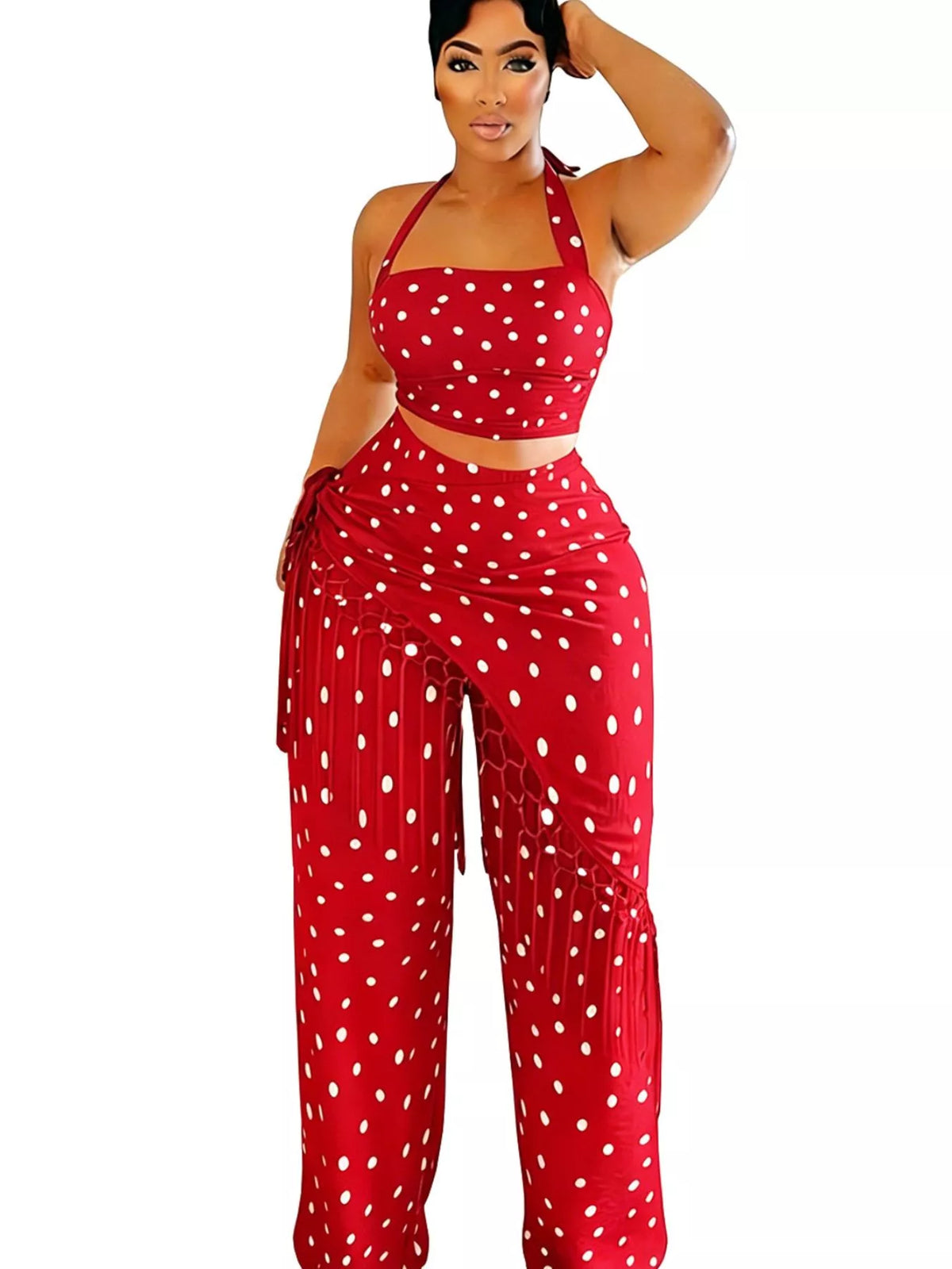 Polka Dot Halter Cami and Fringe Pants Set, view 15