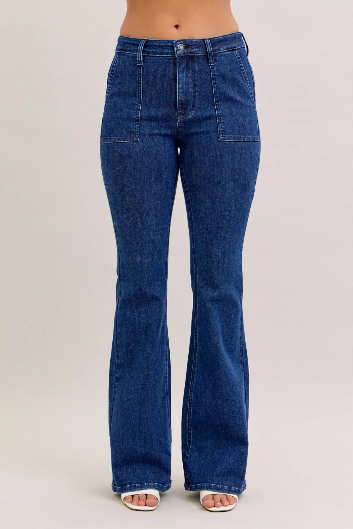 Judy Blue dark wash patch pocket flare jeans front