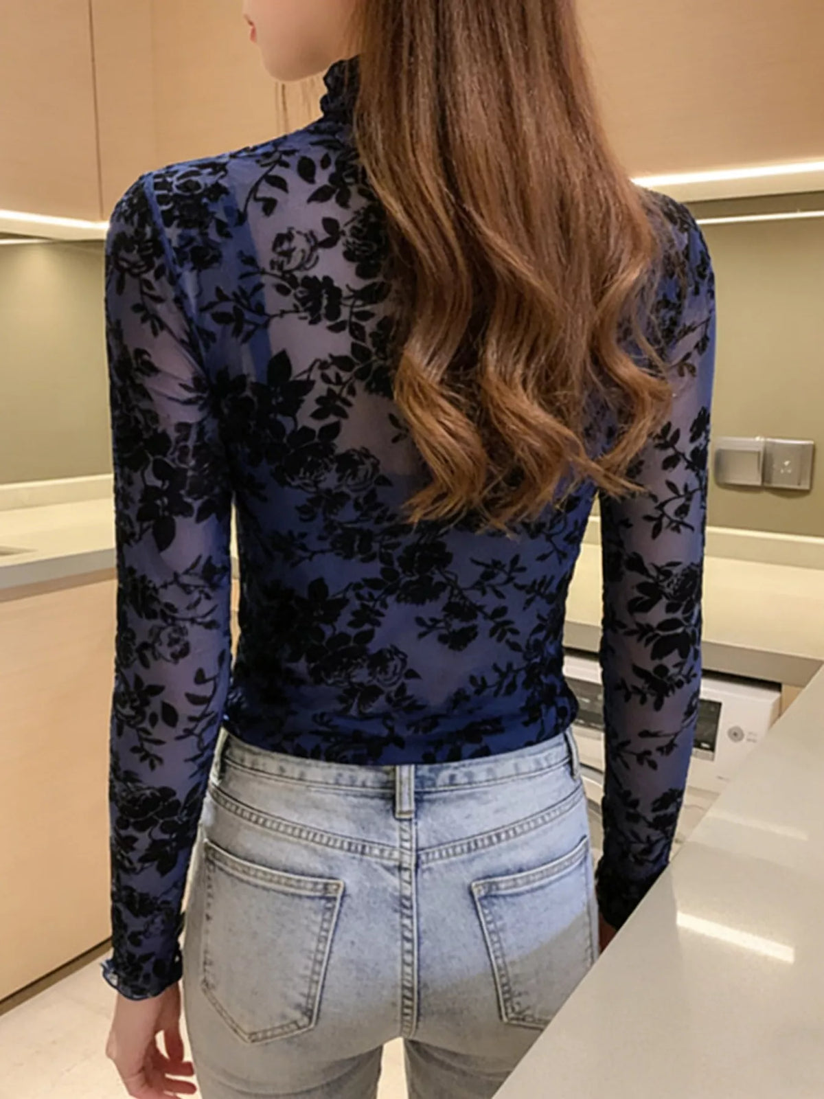 Floral Sheer Turtleneck Top side view