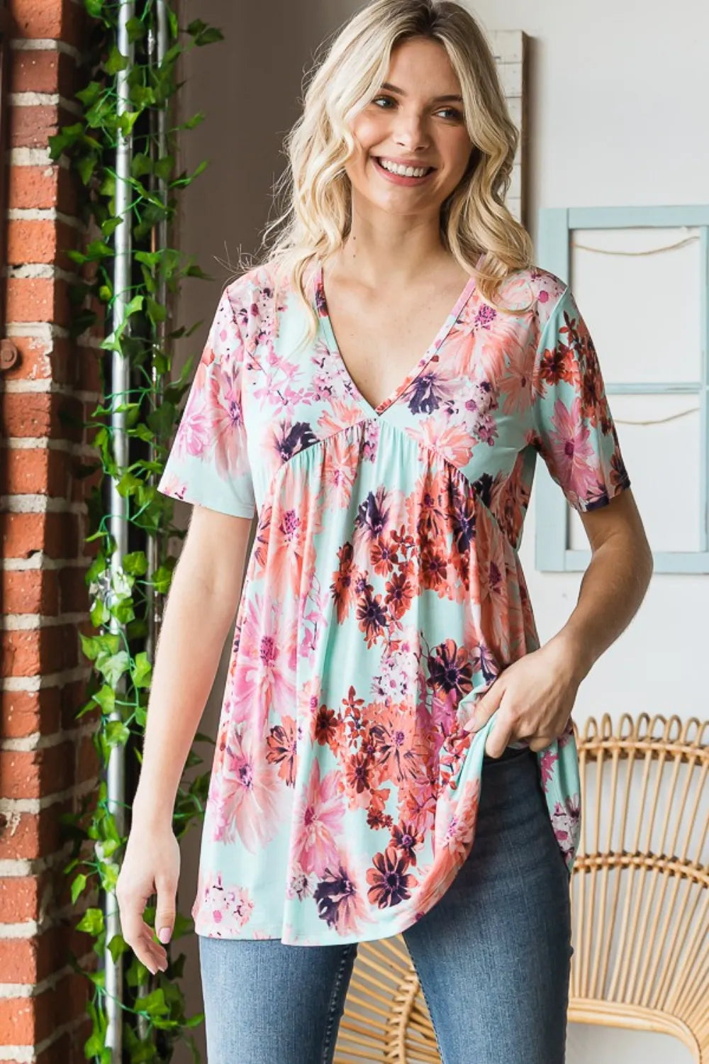 Heimish Full Size Floral V-Neck Short Sleeve Babydoll Blouse - Fashorio