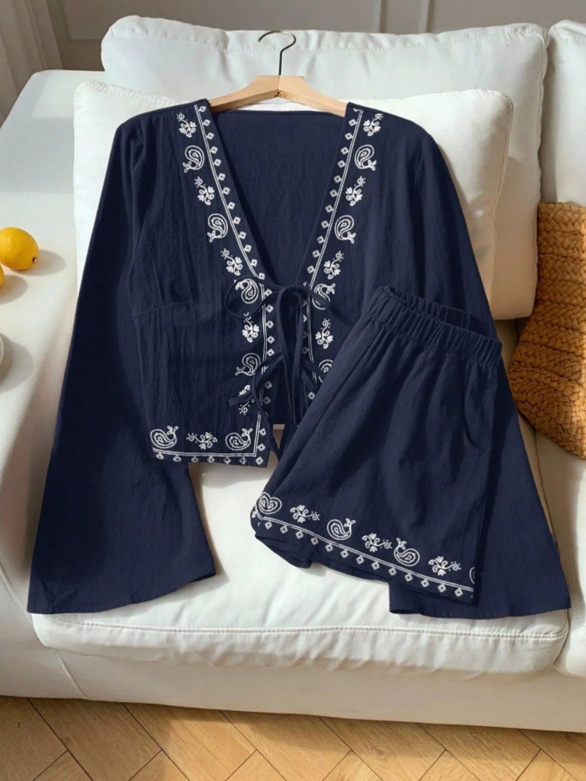 Embroidered Tie Front Top and Shorts Set, view 16
