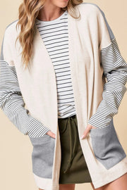 Open Front Long Sleeve Striped Cardigan with Pockets Light Gray - Fashorio
