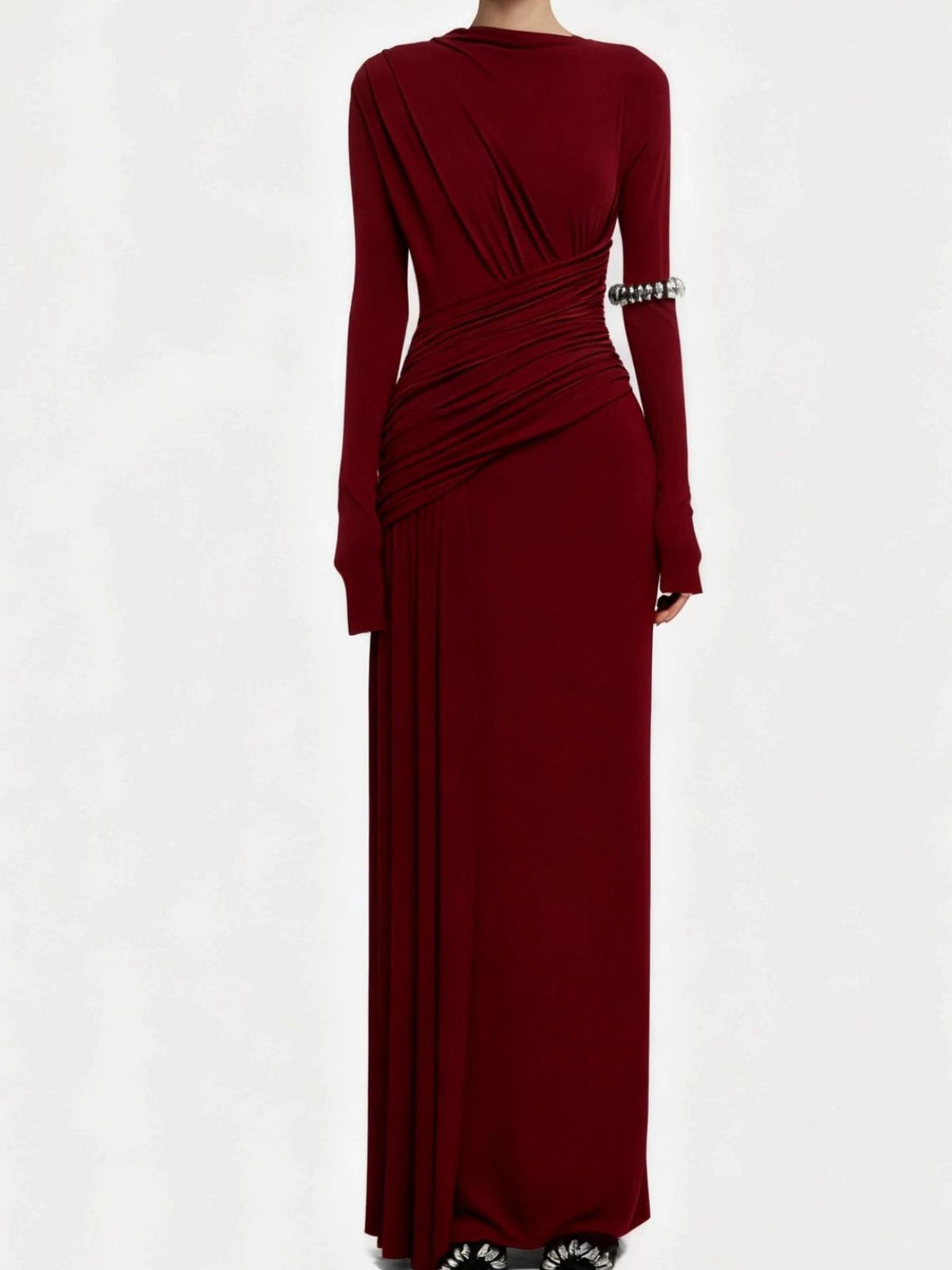 Ruched long sleeve maxi dress, hem and slit detail