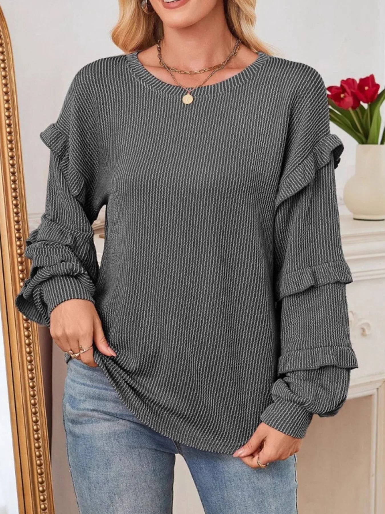 Ruffled Round Neck Long Sleeve Sweatshirt - Fashorio
