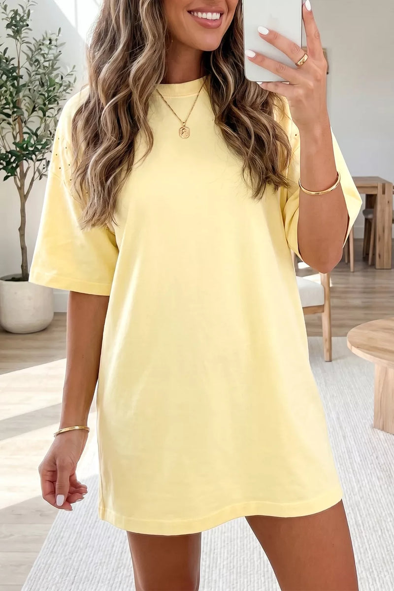 Pastel yellow round neck half sleeve T shirt dress