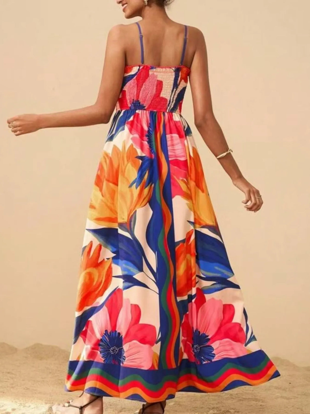red and white smocked spaghetti strap printed maxi dress side view