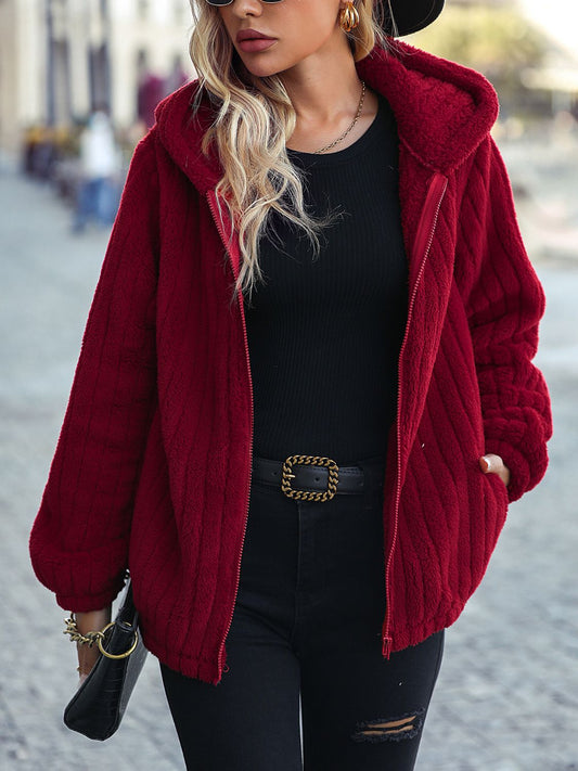 Zip-Up Hooded Jacket with Pockets Wine - Fashorio