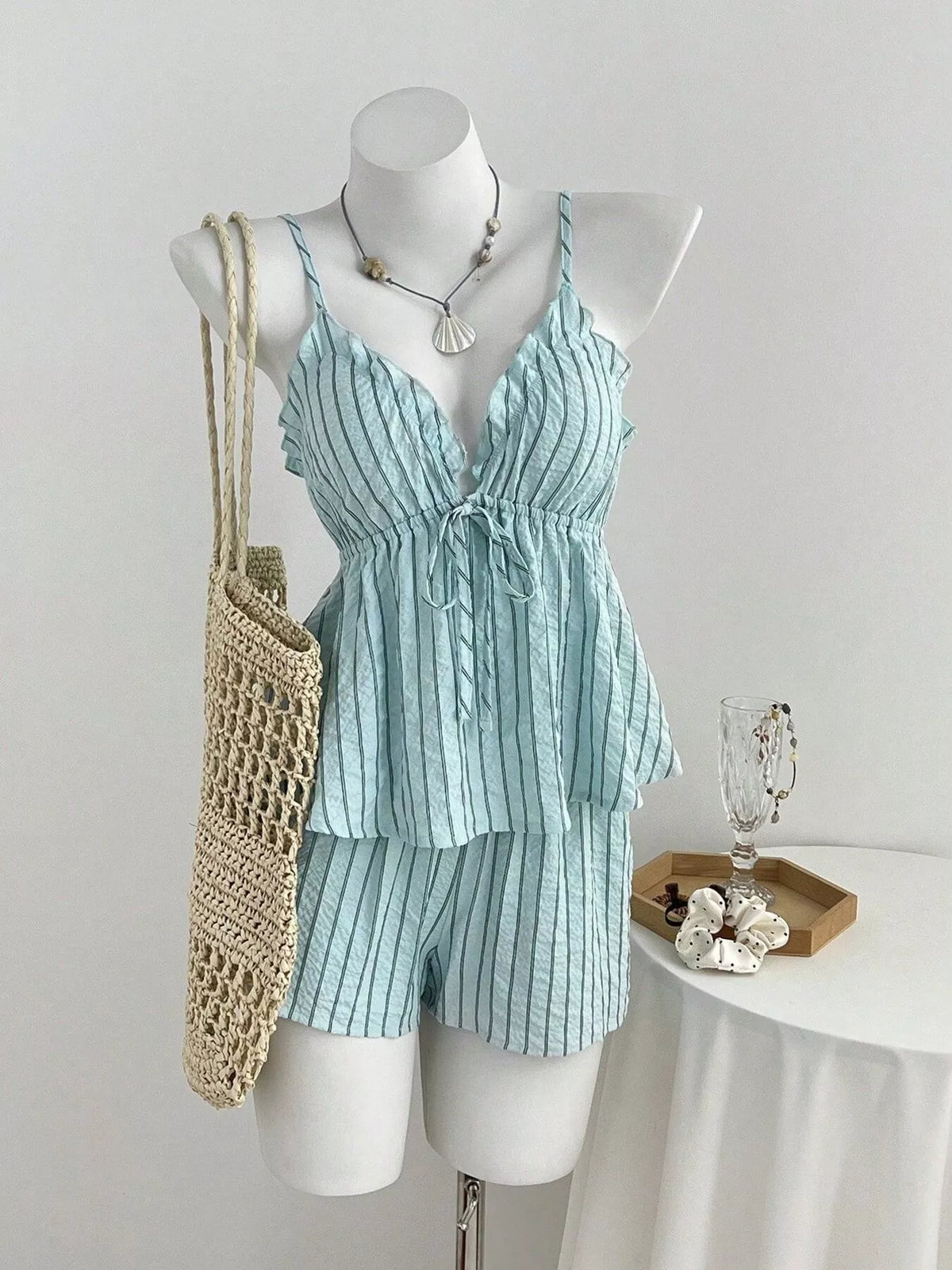 Tie front striped cami and shorts set front
