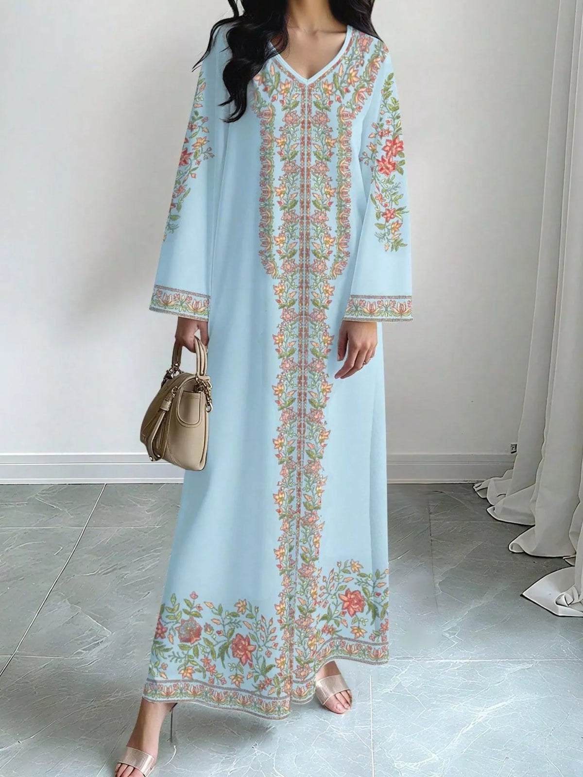 floral long sleeve maxi dress flat lay
