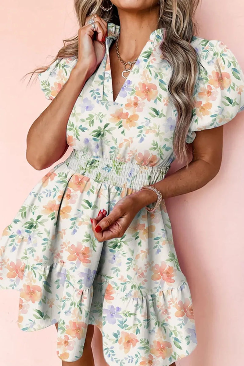 Floral frill notched puff sleeve dress front view
