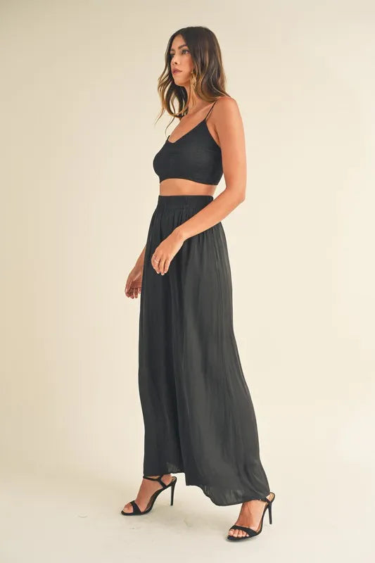 MABLE Smocked Bralette Crop Top and Wide Leg Pants Set - Fashorio