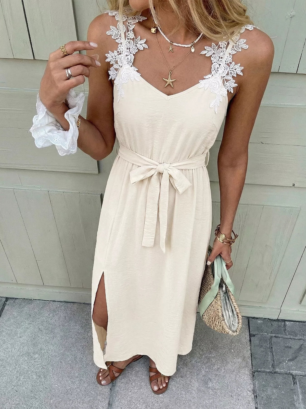 Lace Trimmed Slit Maxi Dress back view