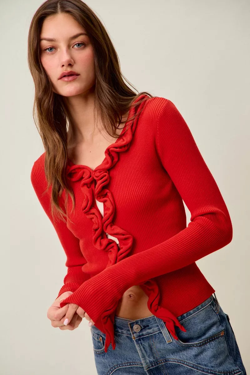 Cascade Ruffle Ribbed Knit Sweater Cardigan, view 29