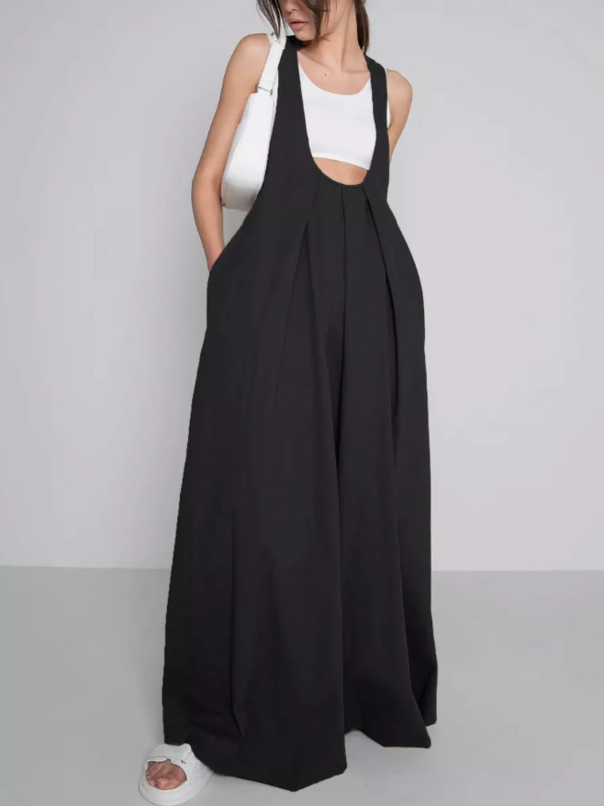 Black pleated overall pinafore dress front view