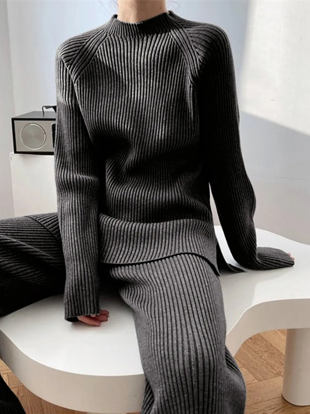 Mock Neck Raglan Sleeve Top and Pants Sweater Set - Fashorio
