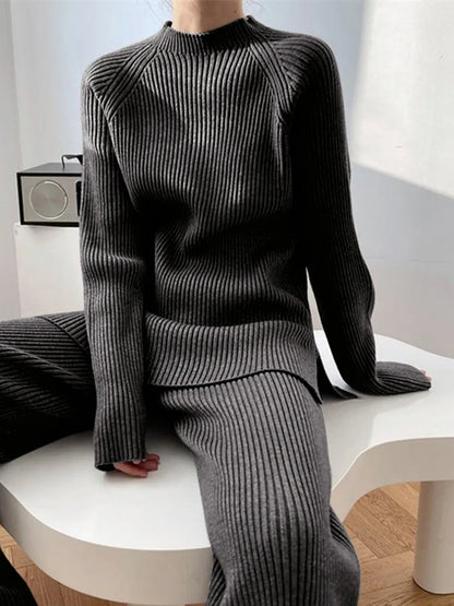 Mock Neck Raglan Sleeve Top and Pants Sweater Set - Fashorio