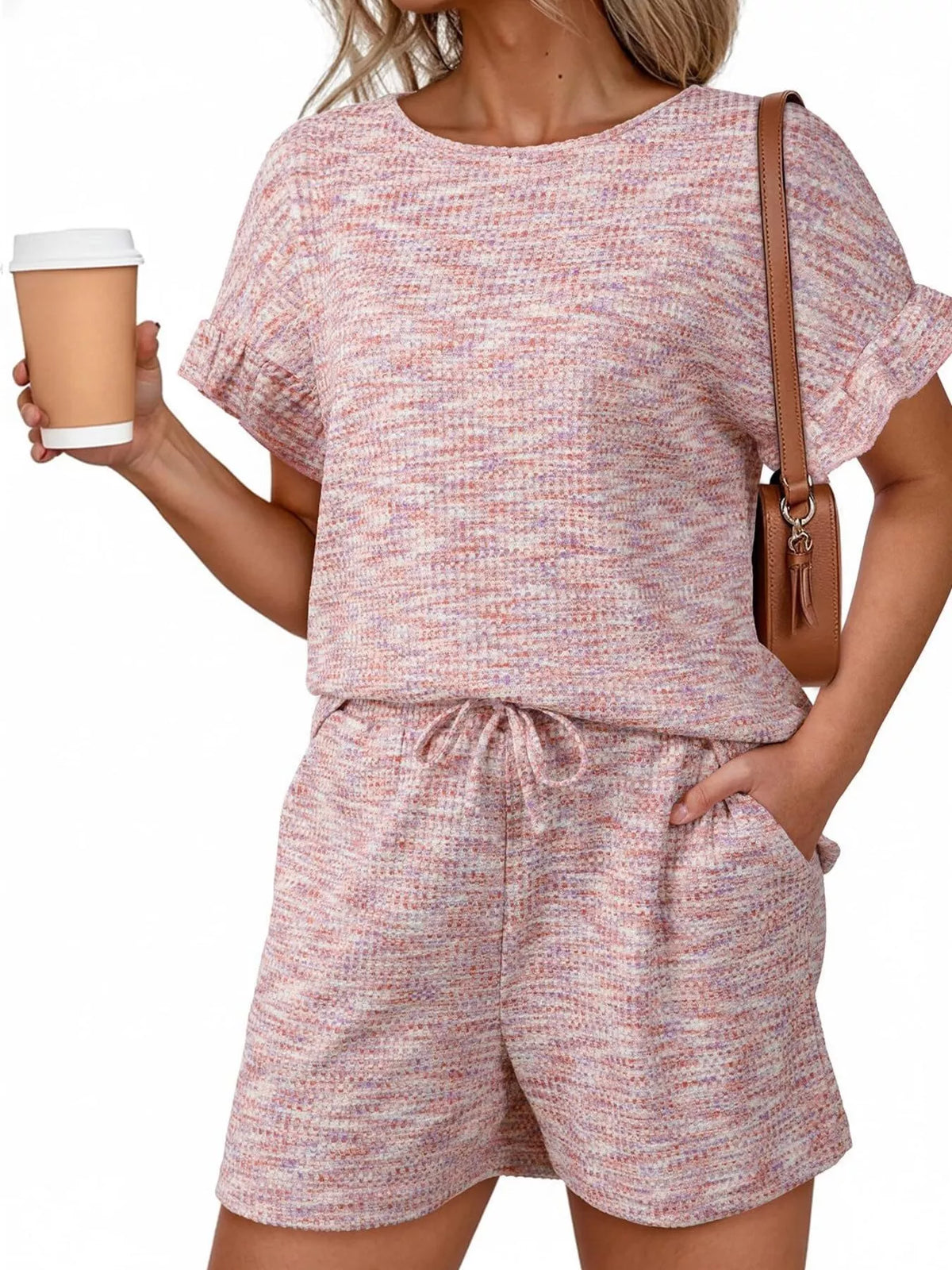 Drawstring shorts and ruffle top set full look