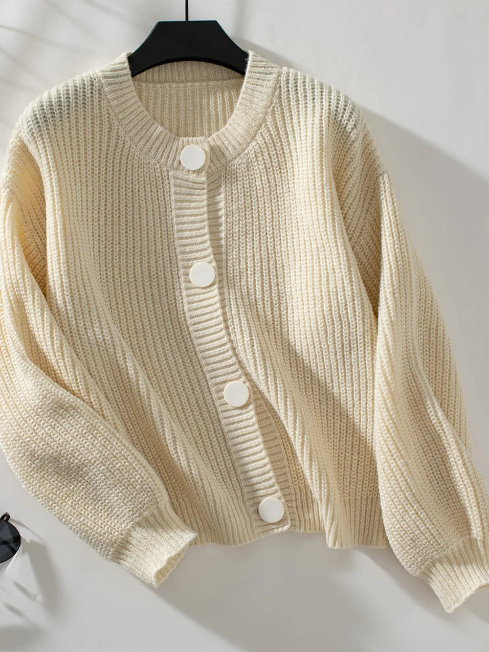 Button Down Long Sleeve Cardigan Cream - Fashorio