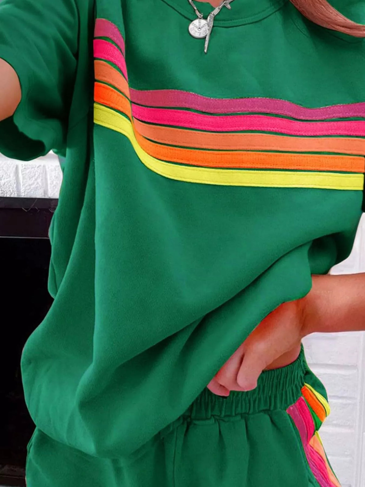 Rainbow striped top and shorts set side view
