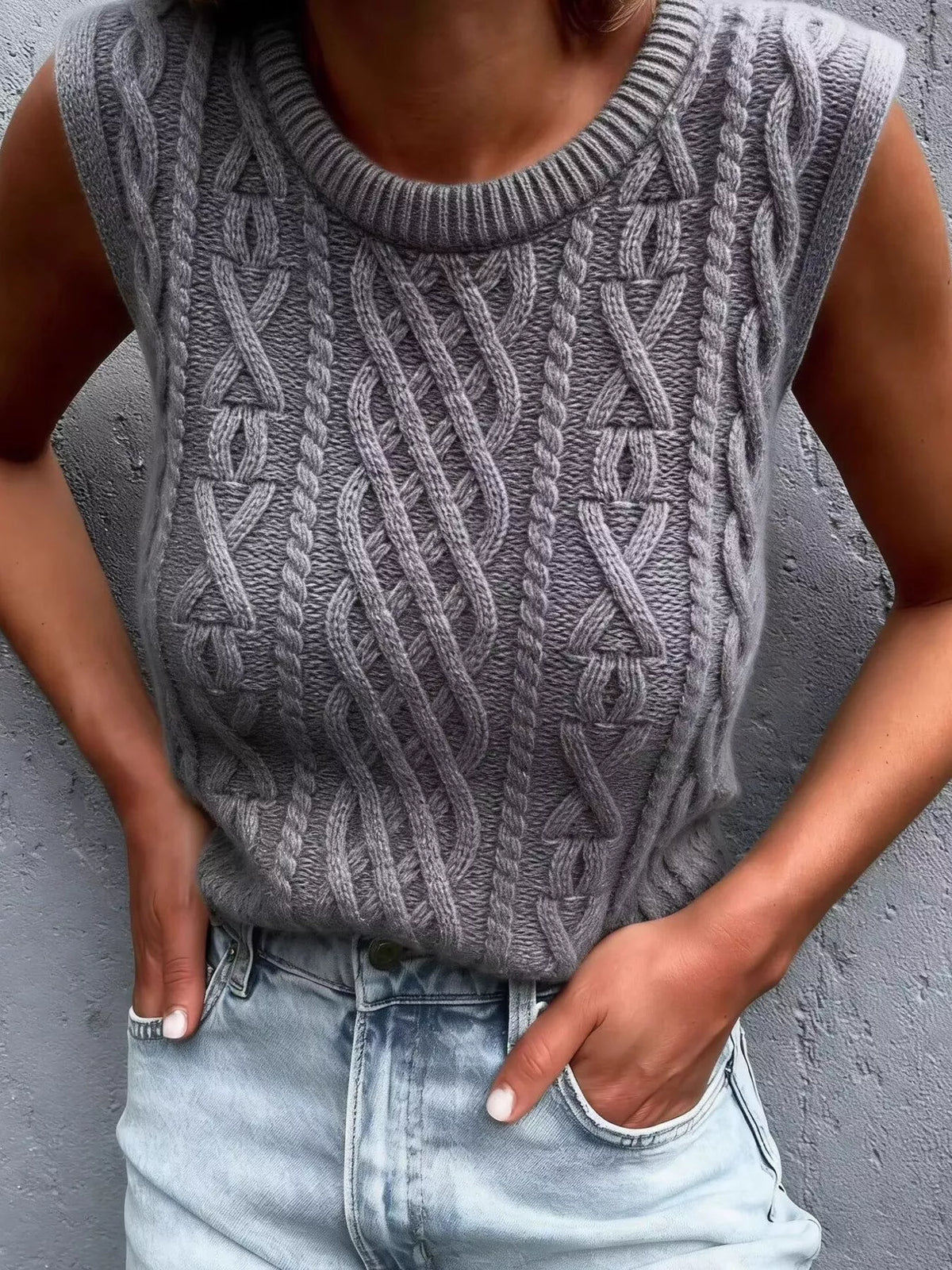 Cable Knit Sweater Vest in Gray