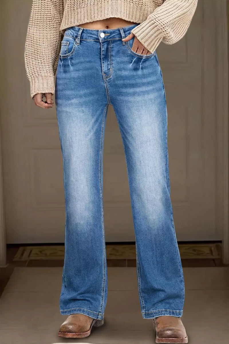Dusty blue acid wash straight leg jeans front view on model