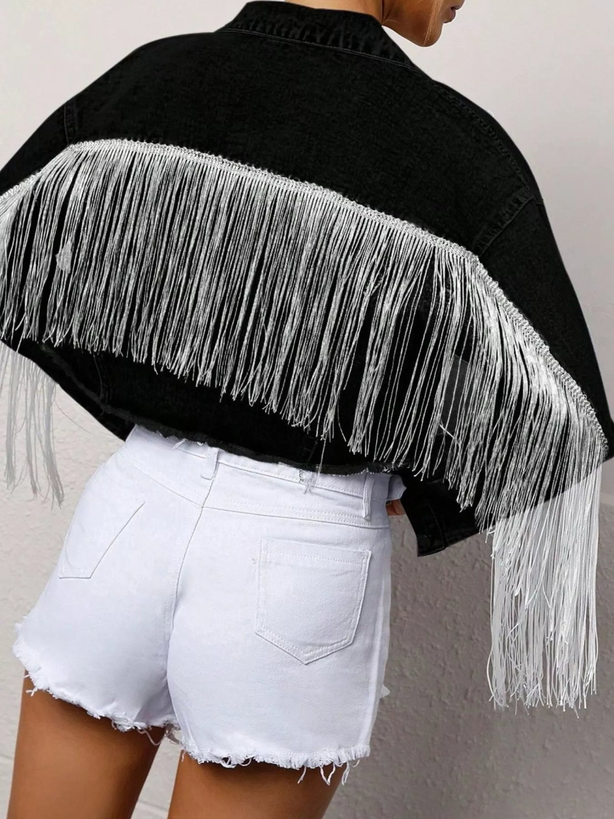 Fringe Cropped Denim Jacket in Black styled look