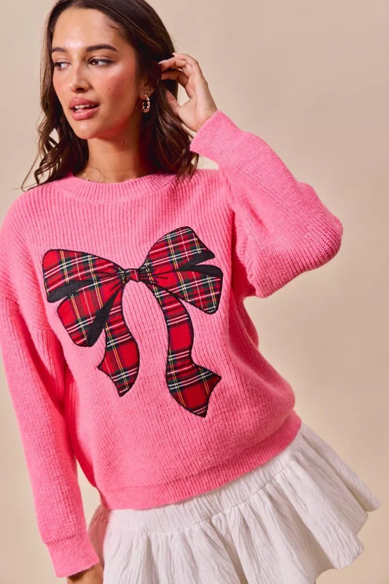 Checker Plaid Ribbon Christmas Sweater in Pink detail