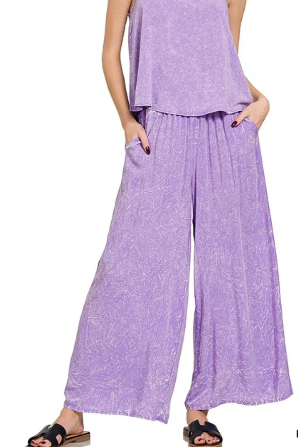 Zenana Woven Acid Crinkle Washed Cami & Pants 2 Piece Set - Fashorio