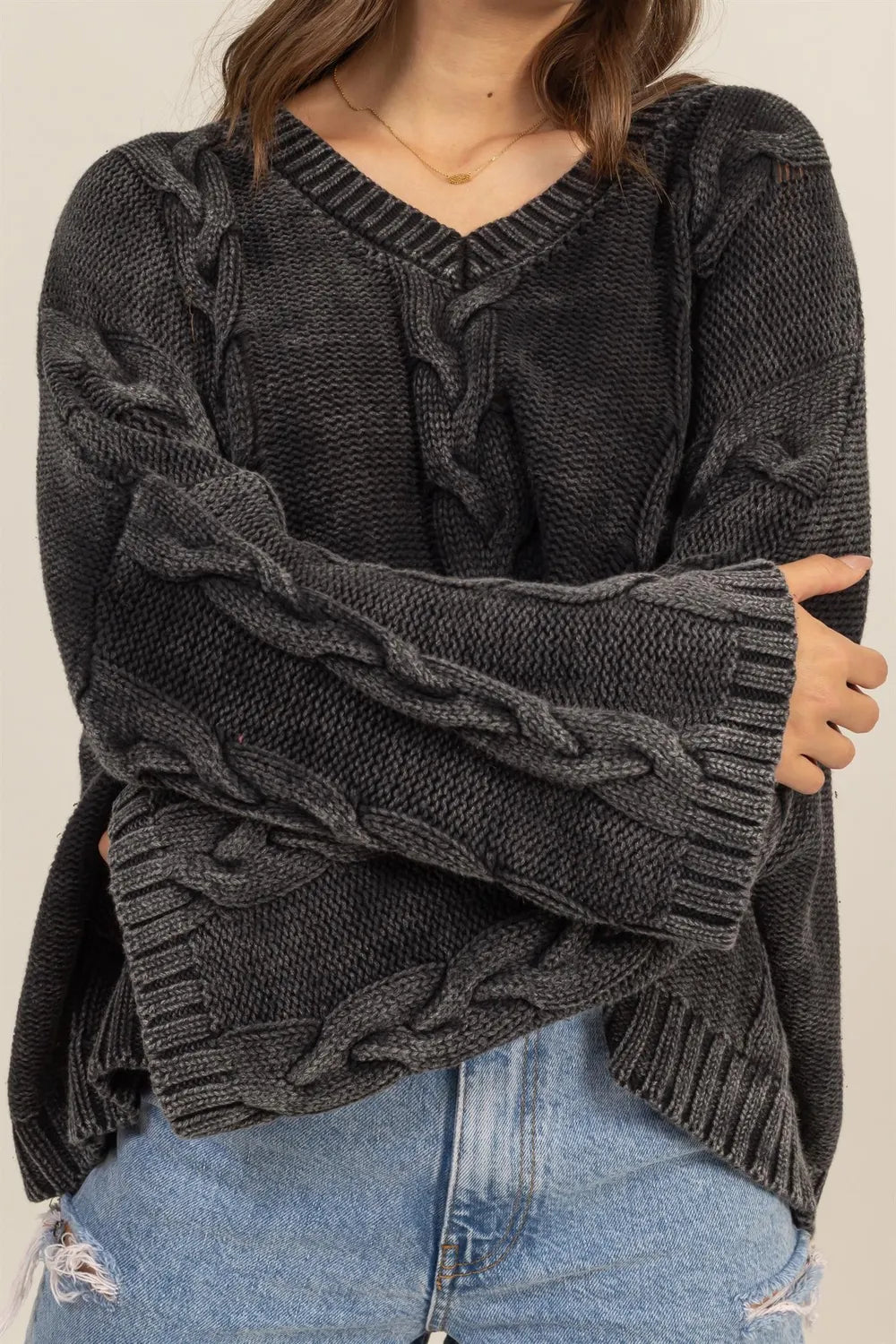 Oversized Cable Knit V Neck Sweater in Charcoal styled look