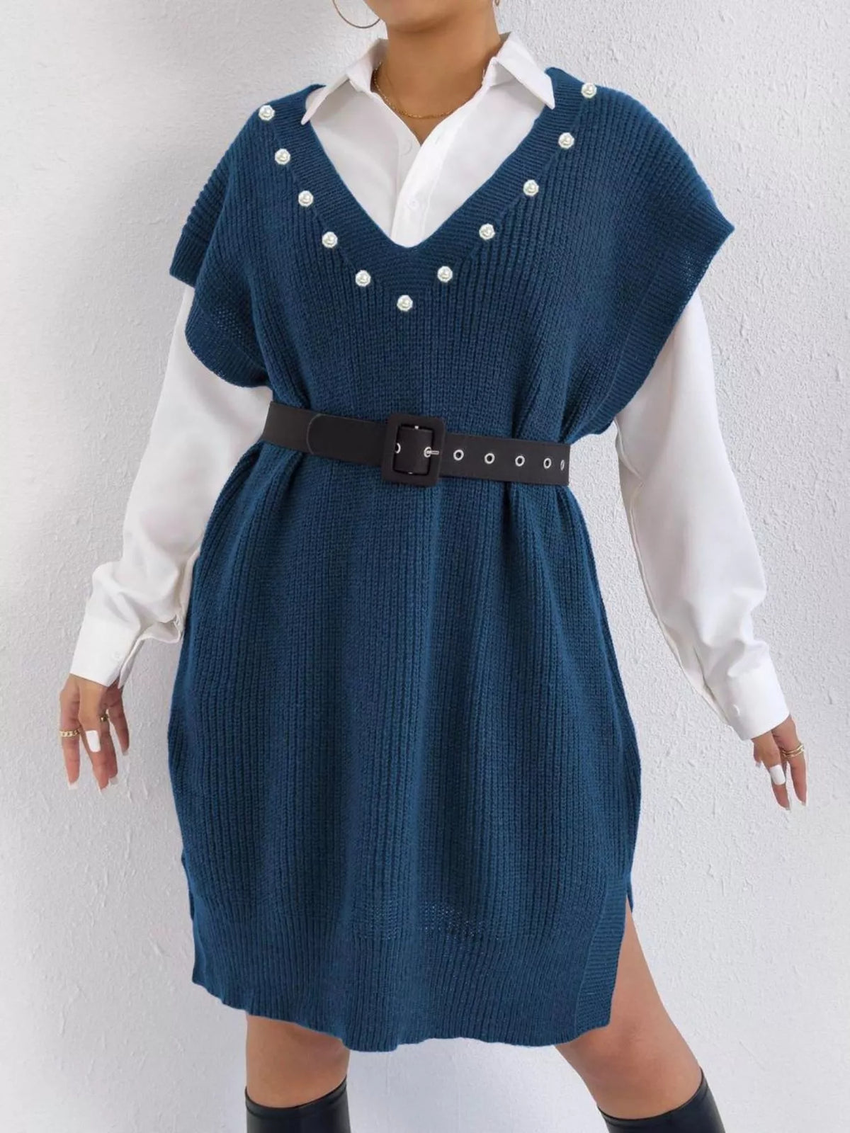 slit v neck sweater dress outfit styling