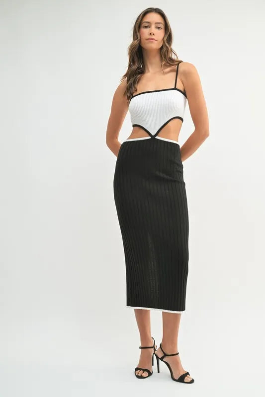 Ribbed Knit Cut Out Color Block Midi Dress in Black back view