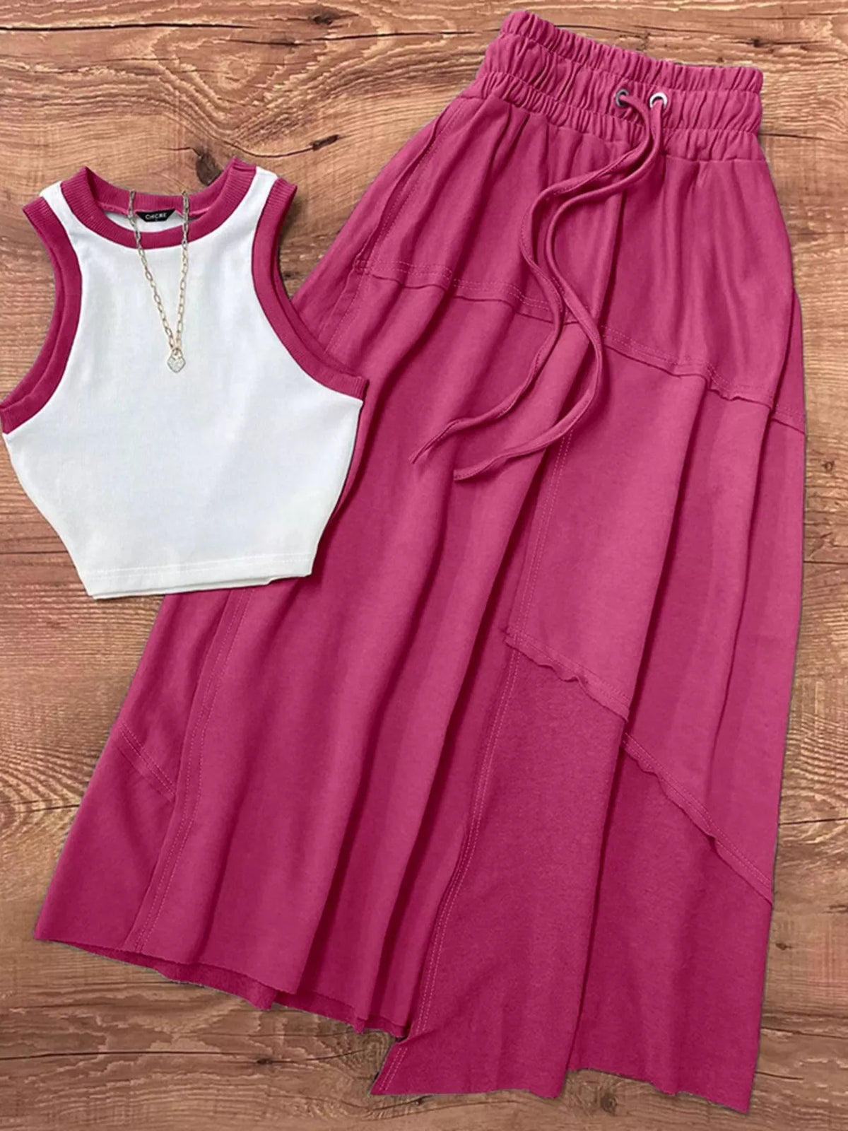 Rose red contrast trim tank and skirt two piece set front view