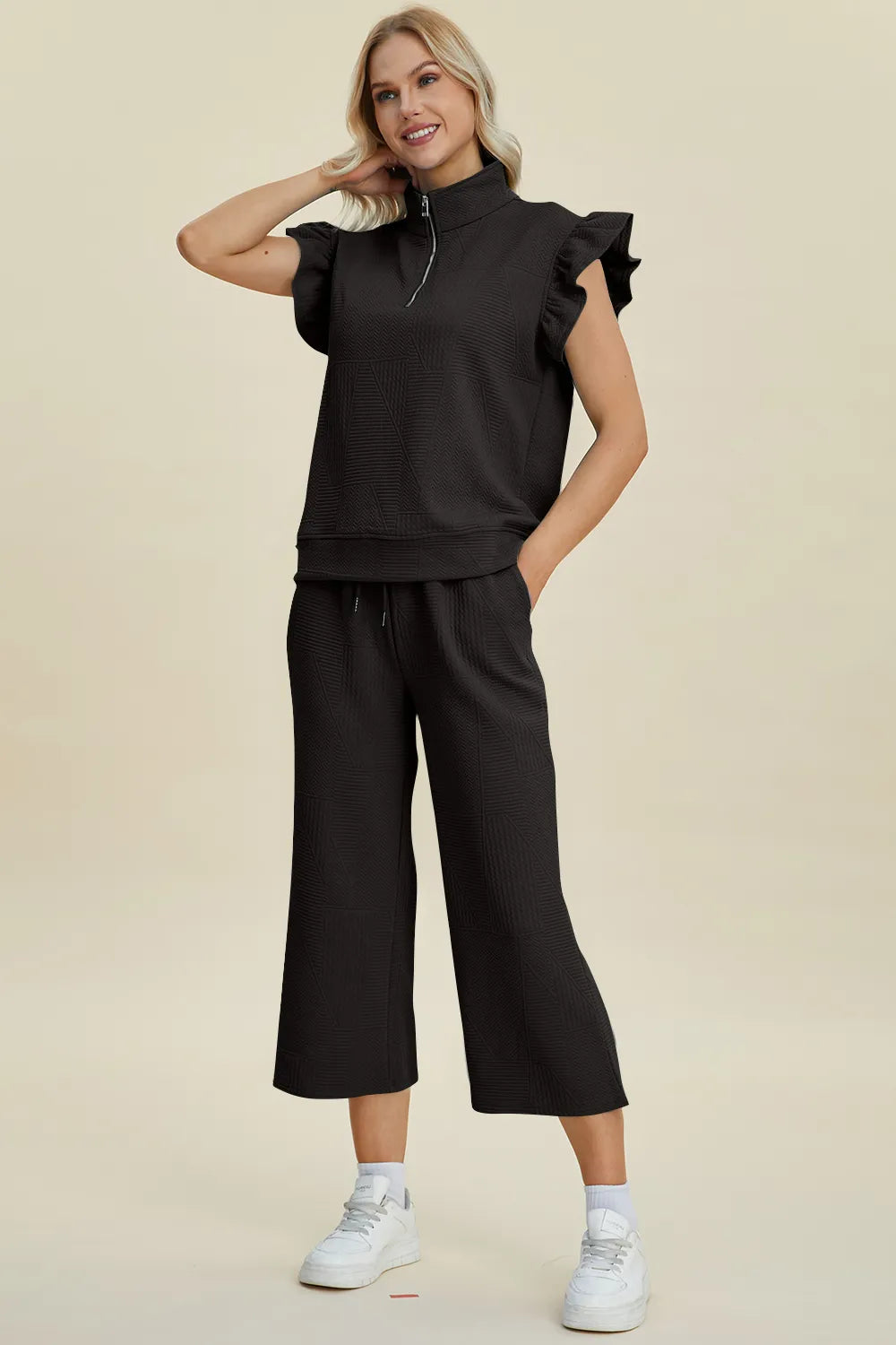 Double Take Full Size Texture Ruffle Short Sleeve Top and Wide Leg Pants Set - Fashorio