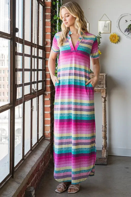 Striped Short Sleeve Maxi Tee Dress Plus Size, view 14