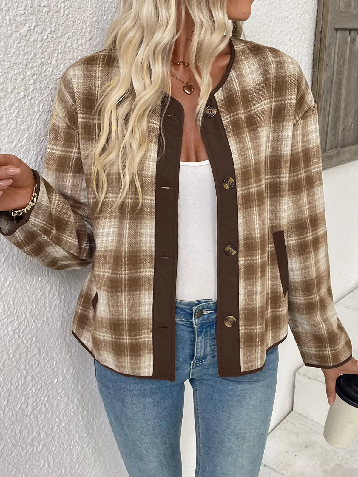 Plaid Button Up Shacket in Khaki view 14