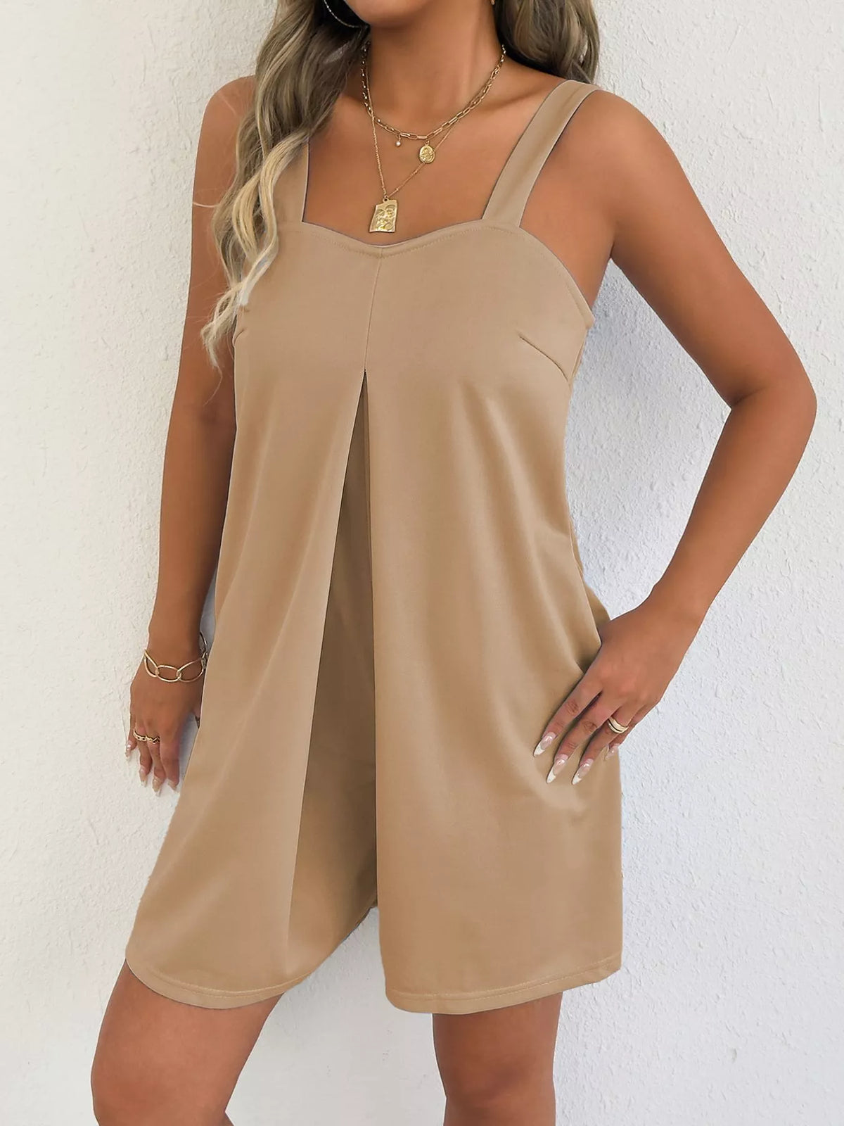 Waist detail on the wide strap romper