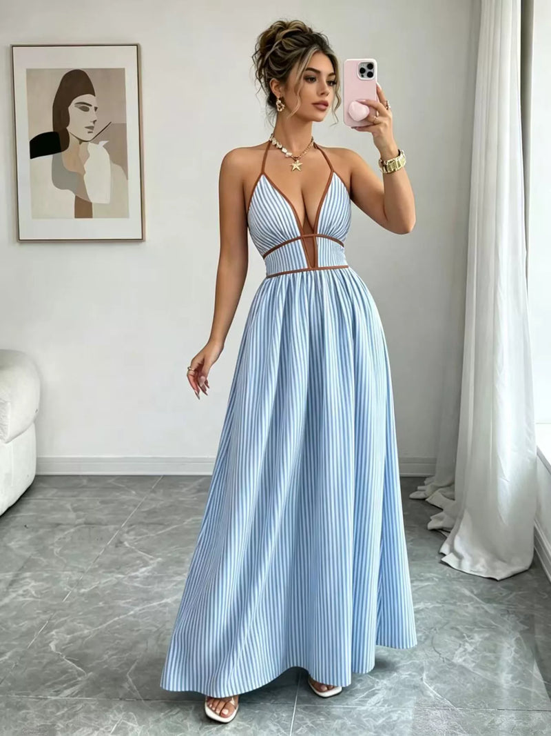 Light blue striped halter neck maxi dress front view