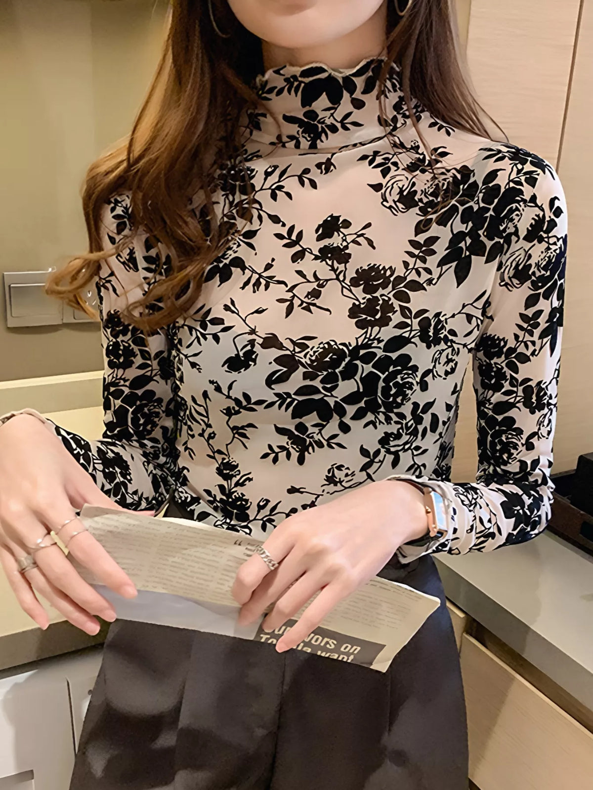 Floral Sheer Turtleneck Top close up