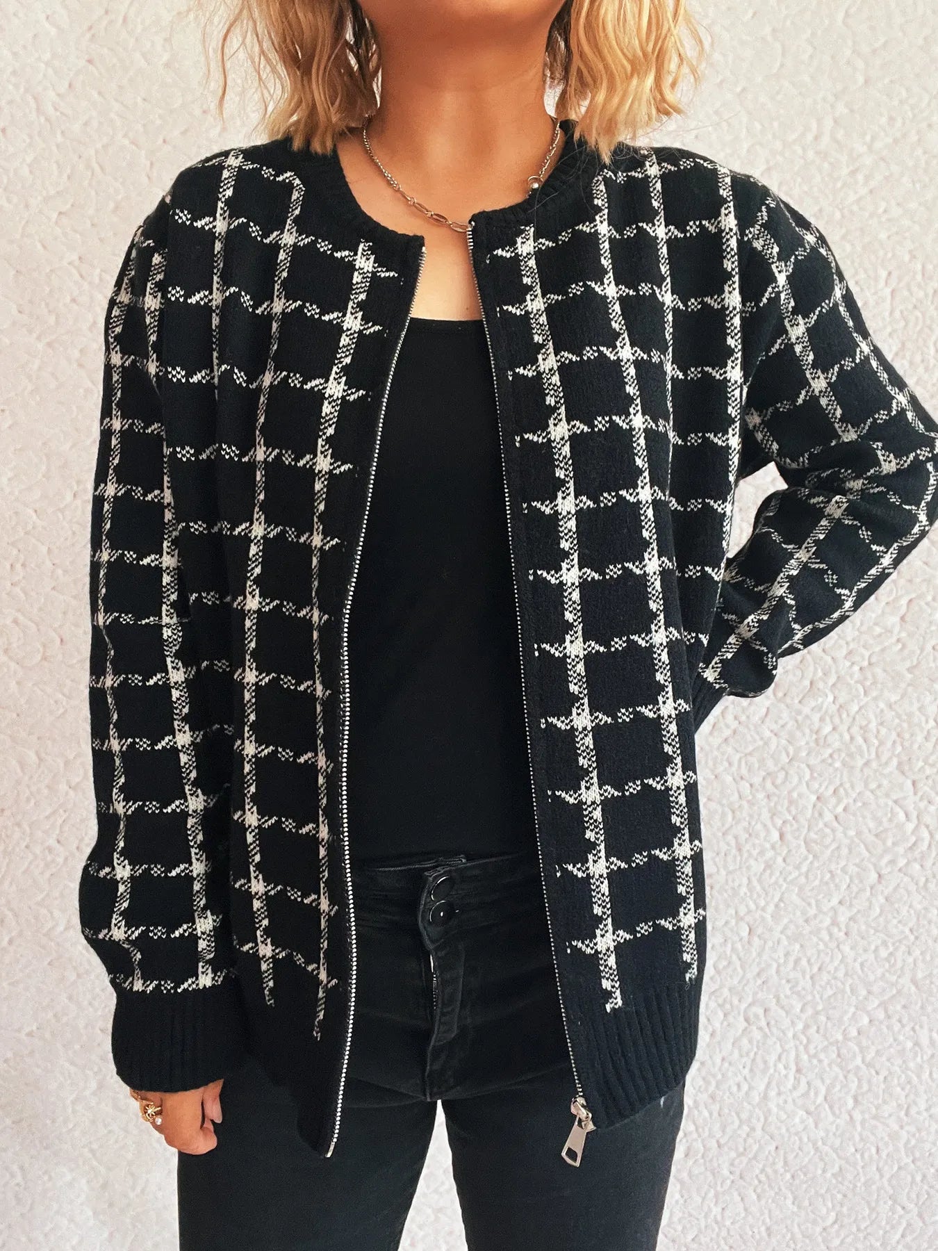 Plaid Pattern Zip Up Cardigan - Fashorio