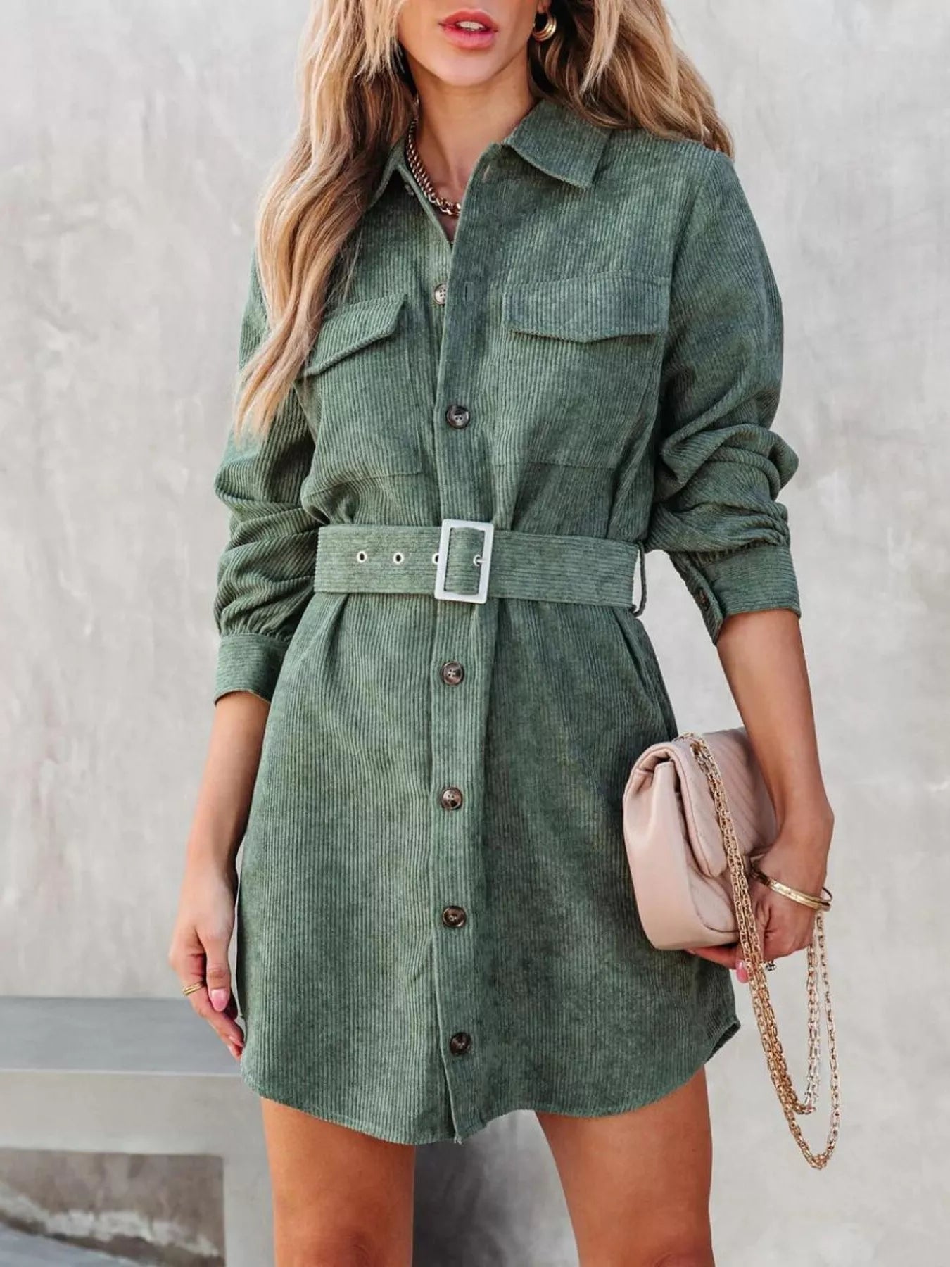 Button Front Belt Long Sleeve Corduroy Dress Green - Fashorio