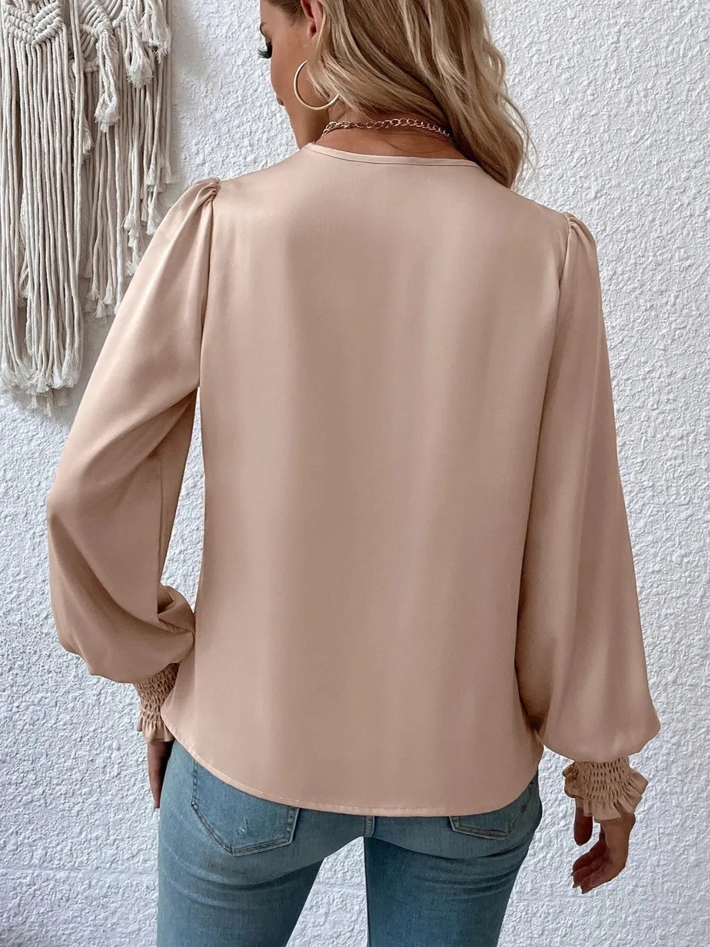 Surplice Smocked Lantern Sleeve Blouse - Fashorio