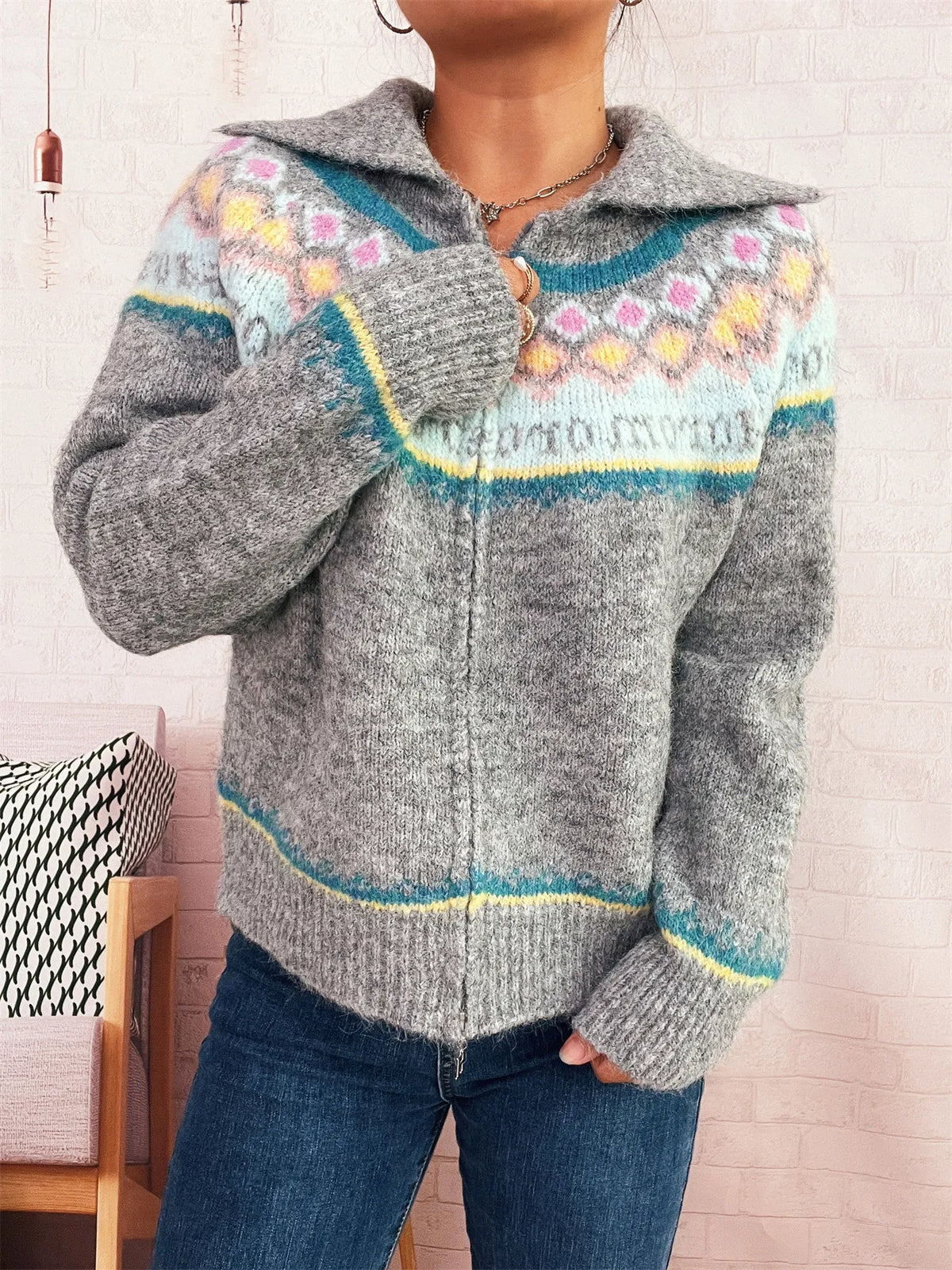 fair isle pattern zip up cardigan full length view