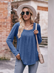 Square Neck Long Sleeve T-Shirt Dark Blue - Fashorio