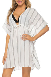Drawstring Striped V-Neck Cover-Up White - Fashorio