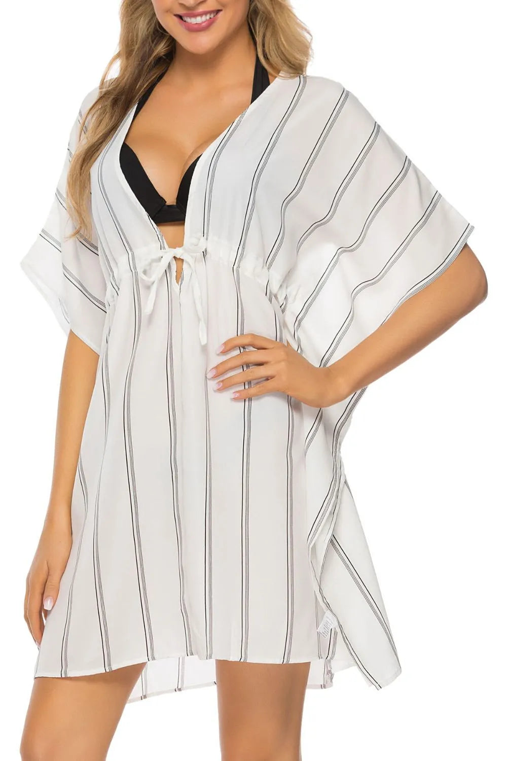 Drawstring Striped V-Neck Cover-Up White - Fashorio
