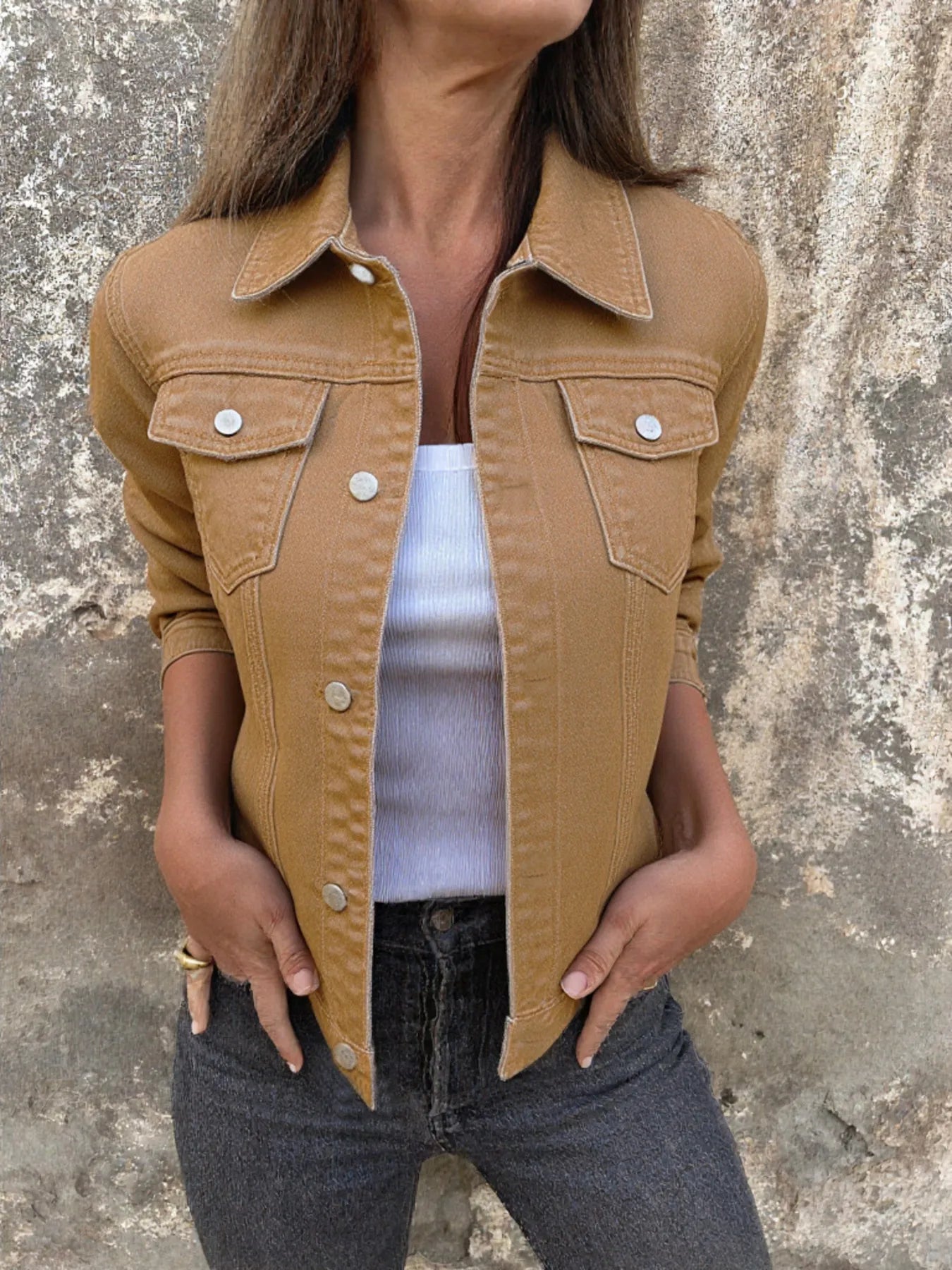 Button Front Closure Denim Jacket Camel - Fashorio