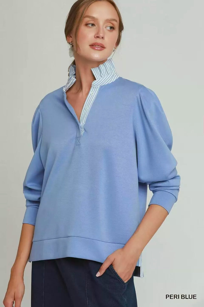Umgee peri blue stripe ruffle neck long sleeve top front view