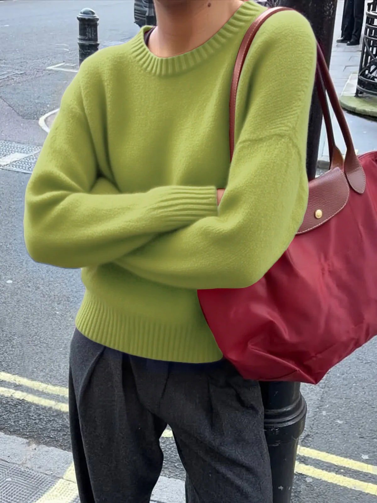 ribbed crewneck drop shoulder oversized sweater neckline detail