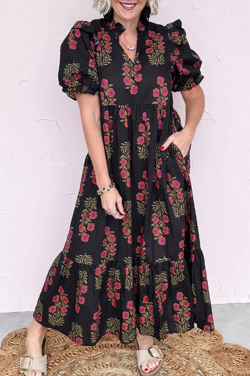 Black floral cotton tiered maxi dress with pockets front view